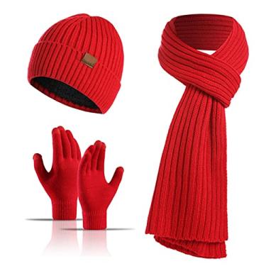 Imagem de Insun Conjunto masculino de cachecol e luvas de malha 3 em 1 cachecol térmico de inverno forrado com lã gorro luvas para tela sensível ao toque, Vermelho