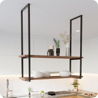 Imagem de Nicho Preto Prateleira Suspensa Teto Cozinha Madeirado 100cm