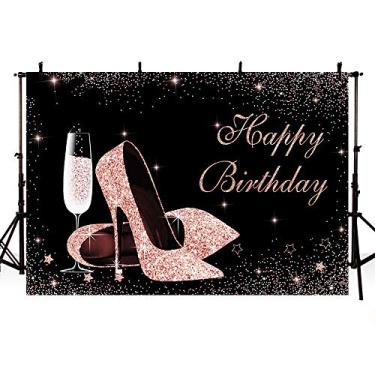 Imagem de MEHOFOND Glitter Rose Gold and Black Photo Background Adereços Sparkle High Heels Champagne Adult Woman Sweet 16 Happy Birthday Party Banner Backdrops for Photography 2,1 x 1,5 m