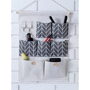 Imagem de KINGREE Bolsa de armazenamento suspensa com 7 bolsos e 2 pothook, organizador de porta de parede à prova d'água para armário de banheiro do quarto (faixa cinza)