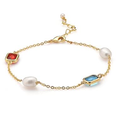 Imagem de Pulseira de pérolas pequenas de ouro banhado a ouro 14 k barroco pulseira de pérola de água doce para mulheres meninas zircão cúbico ajustável pulseiras de pedra do mês de nascimento joias delicadas presente, Pedra preciosa Metal Cristal, Pérola