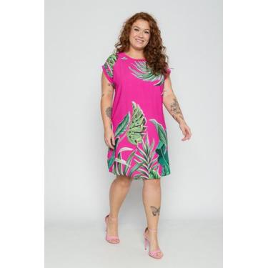 Imagem de Vestido Plus Size Curto De Viscose  Pink De Folhas - Isabela - Mais Na