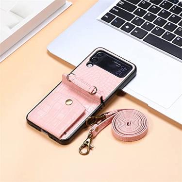 Imagem de Capa de telefone transversal para Samsung Galaxy Z Flip 4 5G impressão de crocodilo slot para cartões de crédito à prova de choque capa traseira de couro com cordão, ouro rosa, para Galaxy Z Flip4 5G