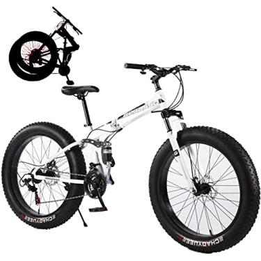 Imagem de Bicicleta dobrável de pneus gordos para adultos bicicletas dobráveis para adultos bicicleta de montanha dobrável com garfo de suspensão engrenagens de 21 velocidades bicicleta dobrável bicicleta da cidade moldura de aço de alto carbono, branco, 61 cm