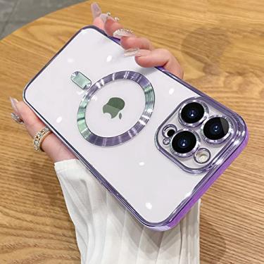 Imagem de Capa de telefone sem fio magnética para iPhone 14 13 11 12 Pro Max Protetor de lente de vidro Capa transparente de silicone, roxa, para iPhone 14