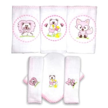 Imagem de Kit 6 Fraldas De Pano para Bebê Bordada (3 de Ombro + 3 De Boca) (Bichinhos Rosa (Raposa, Leão e Ursinho))