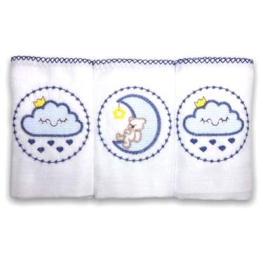 Imagem de Kit 3 Fraldas De Pano para Bebê Bordada Céu Marinho (Nuvem e Lua)