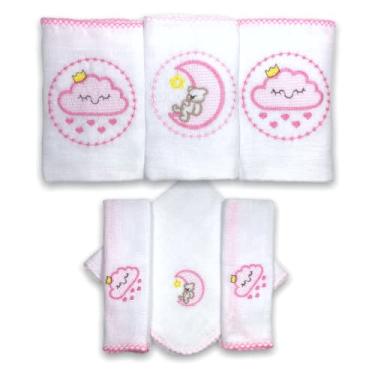 Imagem de Kit 6 Fraldas De Pano para Bebê Bordada (3 de Ombro + 3 De Boca) (Céu Rosa (Nuvem e Lua))