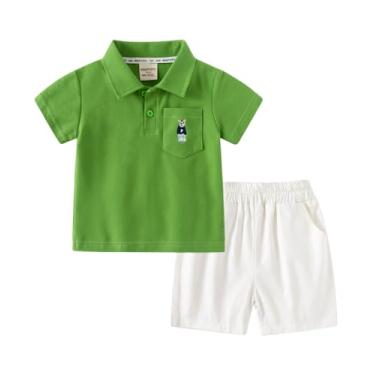 Imagem de Conjunto de shorts de camisa polo para bebês meninos desenho animado algodão sólido manga curta esporte 2 peças conjuntos de terno curto, Verde, 130/5-6 Y