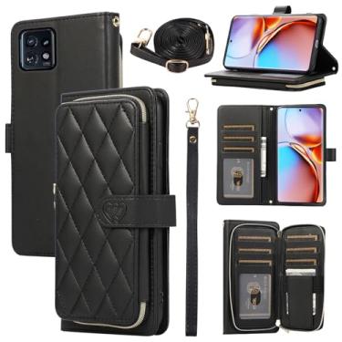 Imagem de Furiet Argyle Capa carteira para Motorola Edge+ Plus 2023/Edge 40 Pro 5G/Moto X40 com alça de pulso, 9+ compartimentos para cartões, bolsa com zíper, capa de celular de couro PU de luxo para X + preta