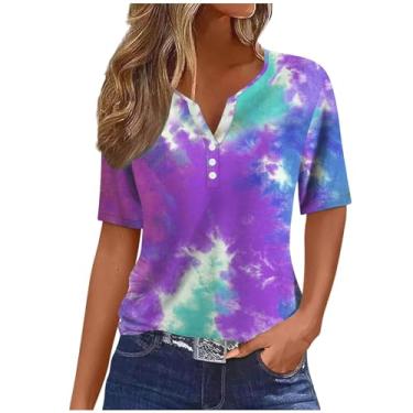 Imagem de Camisetas femininas de manga curta outono verão gola V gradiente ajuste solto tie dye longo camiseta feminina 2024, U-026 multicolorido, G
