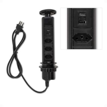 Imagem de Torre De Tomadas Retrátil Bivolt Multiplug Usb A Usb C 3 Tomadas 20a De Embutir (Preta)