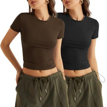 Imagem de KTILG Camisetas femininas modernas/treino/lounge, básicas, elásticas, justas, justas, PP-3GG, A_Pacote com 2_preto e marrom_manga curta, G