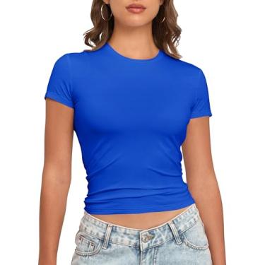 Imagem de PALINDA Camisetas femininas de manga curta e gola redonda, justas, básicas, casuais, para treino, verão, Azul royal, G