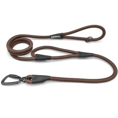 Imagem de MORXIL Coleira de corda para cães com duas alças, coleira resistente de 1,8 m com mosquetão de travamento automático de alumínio de aviação, guia de nylon forte para cães pequenos, médios e grandes