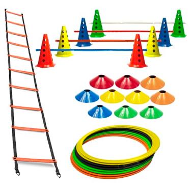 Imagem de 10 Cones Com 5 Barreiras + 10 Pratos Demarcatórios + 8 Argolas Agilidade Com Bolsa + Escada Funcional Rígida