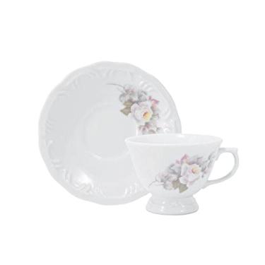 Imagem de Estojo com 6 Xícaras de de Café com Pires com Pé. Modelo Redondo com Relevo Pomerode. Decoração Eterna. Fabricado pela Porcelana Schmidt.