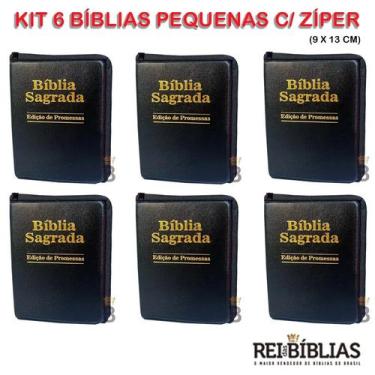 Imagem de Kit 6 Bíblias Sagradas Pequena Zíper - Preta - 13x9 cm - REI DAS BIBLI