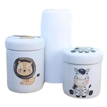 Imagem de Kit higiene Bebê 3 pçs Safari, Potes + Garrafa Térmica - Antilope Deco