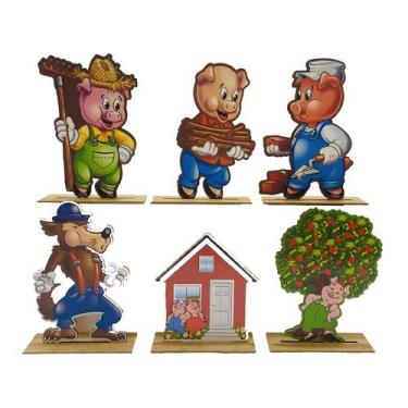 Imagem de Kit Display de Mesa 6 Peças Festa Os Três Porquinhos MDF - Juju Brasil