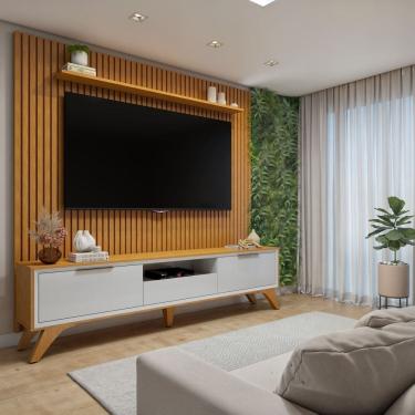 Imagem de Conjunto Rack Áustria 220cm com Painel Ripado para Tv de até 75 Polegadas Paris Naturalle/Off White