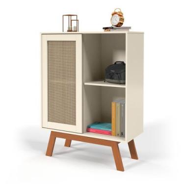 Imagem de Balcao Alto Aparador Buffet com Porta de Correr Rattan pés em Madeira 