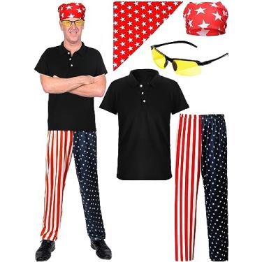 Imagem de Suhine 4 peças de fantasia masculina de Halloween, inclui camiseta preta, bandeira americana, bandana, óculos amarelos para cosplay, Preto, M