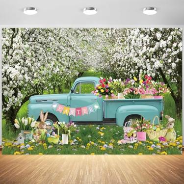 Imagem de 3 x 2,4 m Primavera Páscoa Pano de fundo azul caminhão flores coloridas ovos coelhos fotografia fundo floral floresta sessão de fotos banner decorações suprimentos cabine de fotos adereços