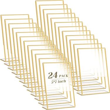Imagem de Pacote com 24 suportes de placa de acrílico porta-cartões de plástico suporte de papel transparente moldura dourada porta-documentos suporte de papel pôster com parte traseira vertical inclinada para casamento escritório mesa foto menu (13 x 18 cm)
