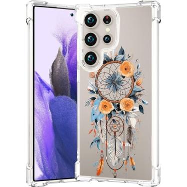 Imagem de CCFUNCASE Compatível com Samsung Galaxy S25 Ultra Capa transparente fofa para mulheres - Capas de telefone robustas Funda Capa protetora (Blue Dreamcatcher Dream Catcher Pena Flores Florais Folhas)