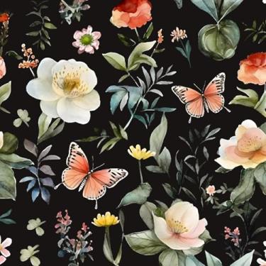 Imagem de Fvlow Papel de parede floral borboleta preto vintage papel de parede vinil envoltório 44 cm x 299 cm cobertura de bancada de cozinha autoadesivo flores grossas papel de contato para armários gavetas