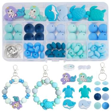 Imagem de WEBEEDY 70 peças DIY tema oceano contas de silicone kit de fabricação de pulseiras, contas de silicone sereia baleia tartaruga com cordão elástico, contas redondas de silicone para adultos DIY