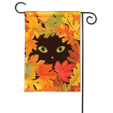 Imagem de Studio M Decoração de bandeira externa dupla face para paisagismo, jardins e quintais, tecido de poliéster de seda solar resistente ao desbotamento padrão de 30 x 45 cm, gato peekaboo de outono