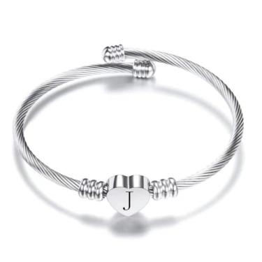 Imagem de BlingNuts Pulseira de prata com iniciais de coração de aço inoxidável A-Z gravada joia feminina para aniversário e Natal, F, Aço inoxidável, Sem Pedra Preciosa