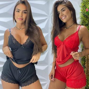 Imagem de Baby Doll Luxo Kit C/2  De Alcinha Feminino Detalhes em Renda Roupa De