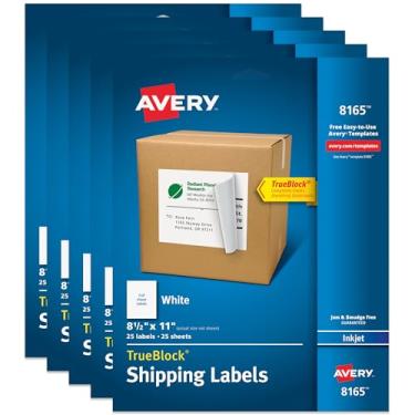 Imagem de Etiquetas de envio Avery com tecnologia TrueBlock para impressoras a jato de tinta, 21,6 cm x 27,9 cm, 25 etiquetas por pacote, pacote com 5 (8165)