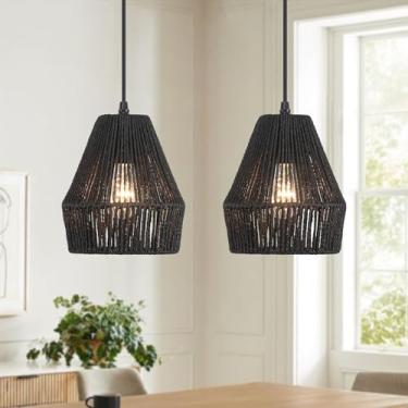 Imagem de HLJYNJM Pacote Com 2 Luminárias Pendentes De Vime De 7'', Luminárias Pendentes Estilo Fazenda Pretas, Ilha De Cozinha Com Cúpula De Vime Trançado À Mão, Lâmpadas Suspensas Estilo Boho, Lustre Tranç