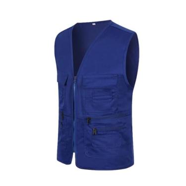 Imagem de Colete De Pesca Casual Masculino, Colete Sem Mangas Para Caça Ao Ar Livre Fotografia E Pesca Com Vários Bolsos, Jaqueta À Prova De Vento Com Zíper E Forro Da Moda, Para Escalada(Blue,4X-Large)