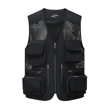 Imagem de Colete De Pesca Sem Mangas Com Vários Bolsos Para Homens Malha Respirável Ao Ar Livre, Jaqueta Casual De Verão Para Caça Fotografia Trabalho Zíper Colete, Para Seu Acampamento, Caminhada(Black,X-Large
