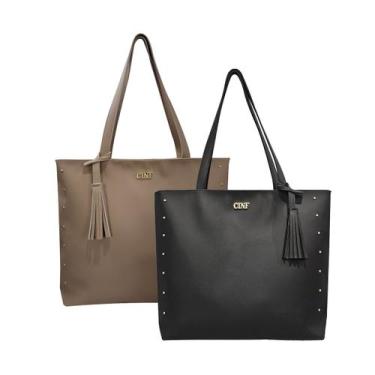 Imagem de Bolsa Sacola Feminina Grande De Ombro Kit 2 Peças - CINF, Preto, Amênd
