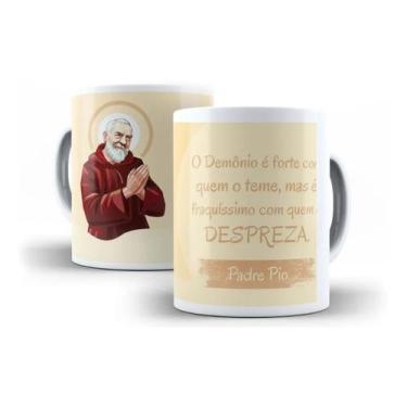 Imagem de Caneca Porcelana Católica Padre Pio O Demônio É Forte Com Quem Tem, Ma