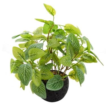 Imagem de Giftale Plantas falsas de 30,5 cm para decoração de vegetação artificial, nervo branco, planta de seda realista falsa com vaso de cimento vulcânico preto, adequado para sala de estar, quarto,