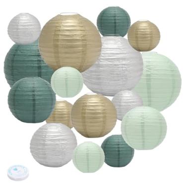 Imagem de Plintone Lanternas De Papel Verde-Sálvia, Conjunto 16 Peças - Decorativas Suspensas 8", 10", 12" Para Festas, Casamentos, Aniversários E Ocasiões Especiais Com Linha Pesca Transparente 105 Pés Inclu