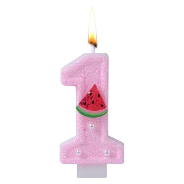 Imagem de Vela 1º Aniversário, Vela Número Rosa Brilhante Topo de Bolo Fofo para Meninas Mulheres Primeira Decoração de Aniversário (Melancia)