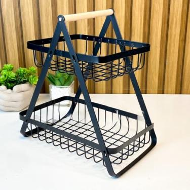 Imagem de Fruteira de Mesa 2 Andares Ferro e Bambu para Café da Manhã Multiuso de Metal Preto Cesto Organizdor(PRETO DUPLA TAM.P 22X14,5X24CM)