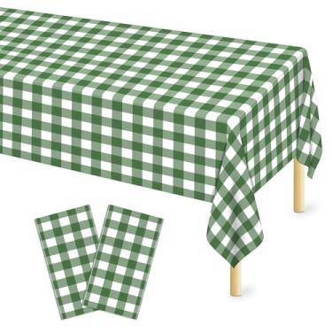 Imagem de Mulbozy Toalha de mesa verde sálvia guingão, pacote com 2, toalha de mesa de plástico de 137 x 272 cm, descartável, verde sálvia e branca, capa de mesa quadriculada para artigos de festa