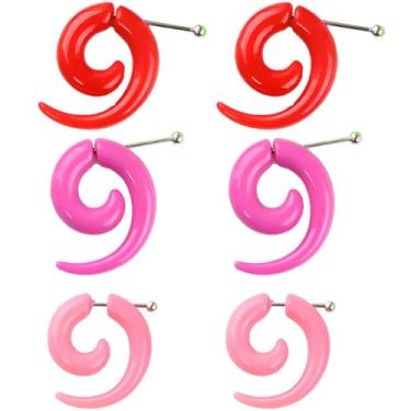 Imagem de 3 pares 3 mm (8 G) Vermelho Roxo Rosa Acrílico Espiral Tribal Falso Tapers Calibre Extensor Calibre Expansor Calibre Kit de Alongamento Túneis de Orelha Brincos Brincos Conjunto de Piercing Corporal