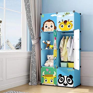 Imagem de MAGINELS Vestimenta infantil guarda-roupa armário portátil para quarto roupas de armários para pendurar organizador cubo organizador grande azul rosa Blue 6 Cube & 1 Rod Azul