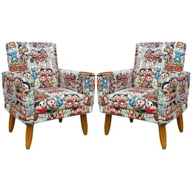 Imagem de Kit 2 Poltronas Decorativa Infantil Confortável Para Quarto Suede Com Estampa Pés Castanhos