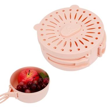 Imagem de ReignSword Cesto de drenagem multiuso com tampa, cesta de drenagem e preservação 2 em 1, recipiente de escorredor de frutas com orifícios finos e alça para geladeira, pia de cozinha (rosa)
